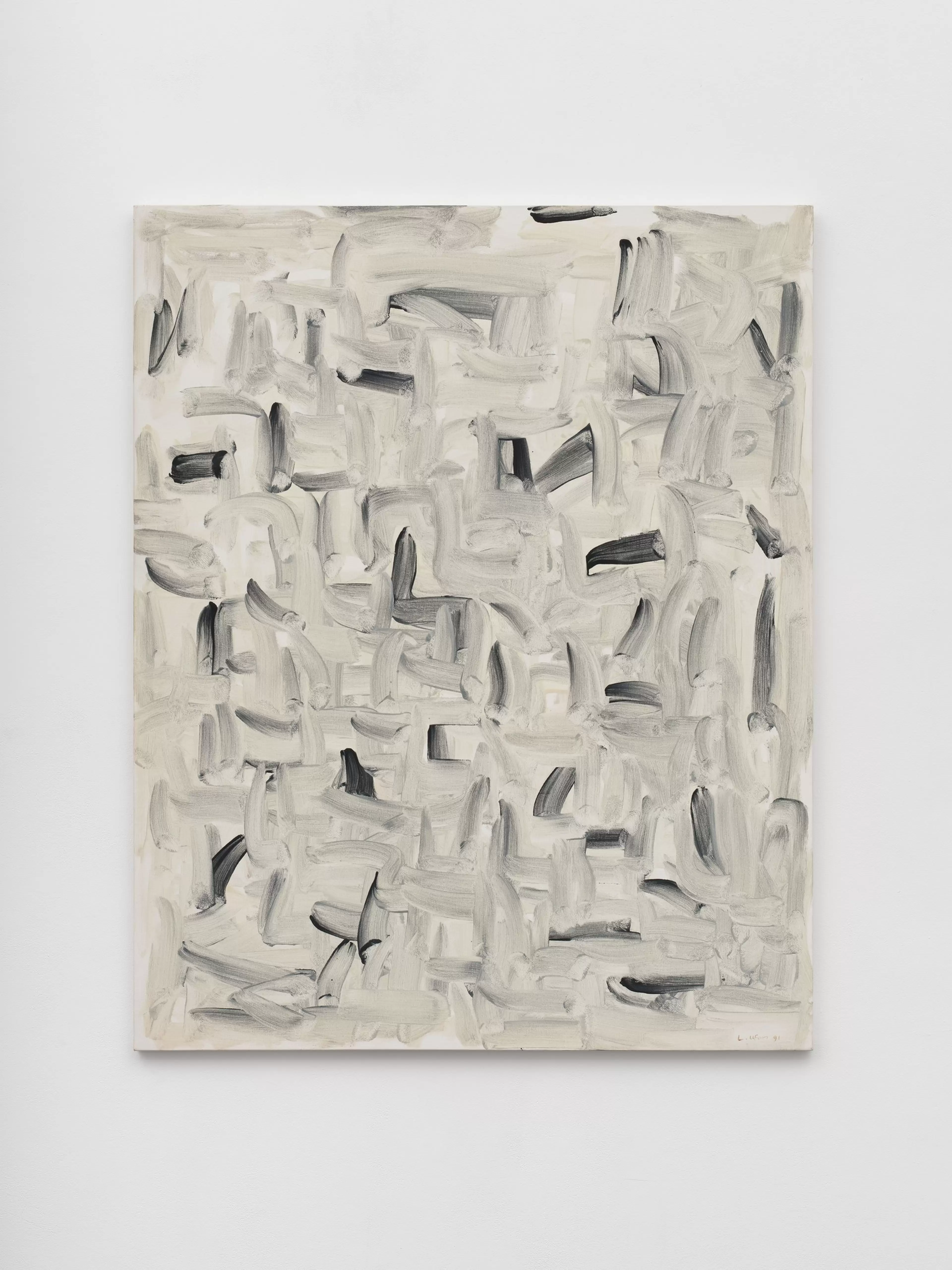 Lee Ufan, With Winds, 1991. Oil on canvas. Painting photographed against a white wall.