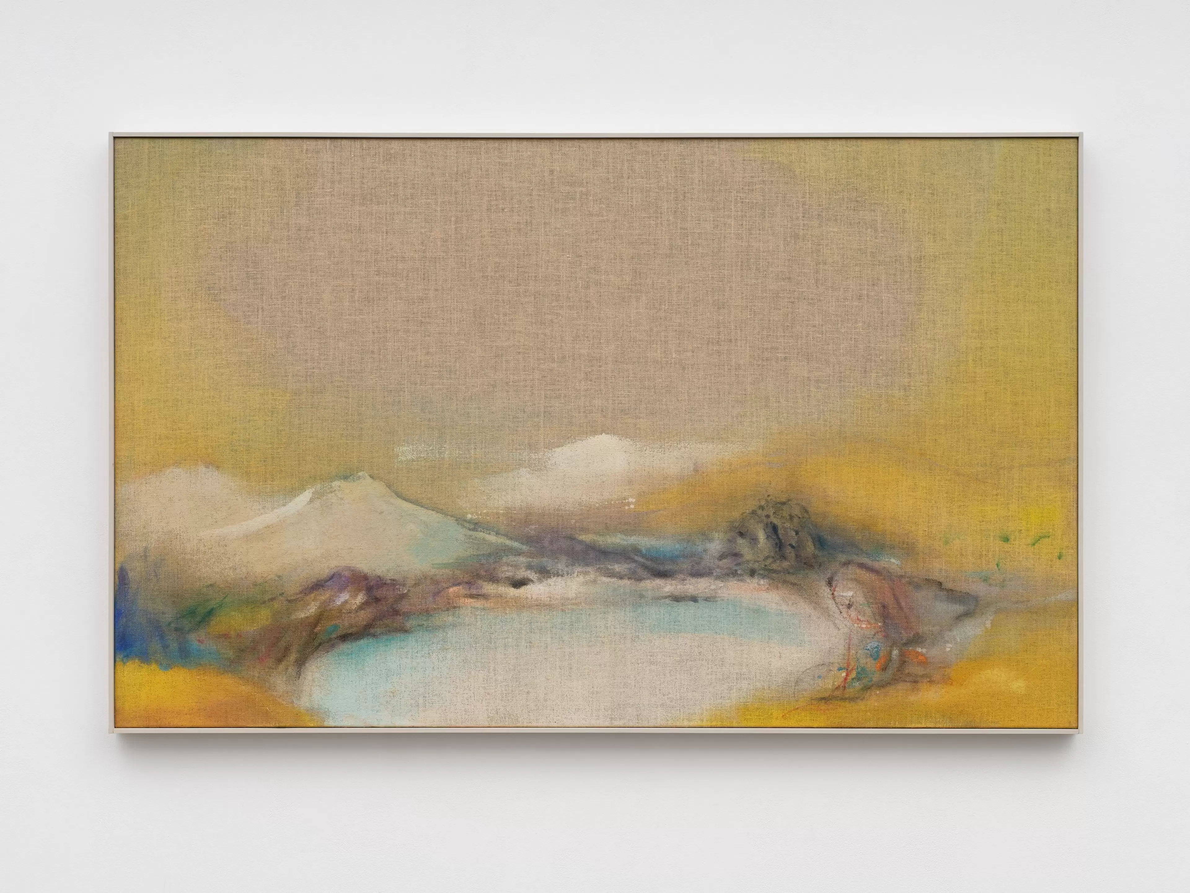 Leiko Ikemura, Yellowscape, 2020, tempera and oil on jute, hazy abstract landscape in warm golden tones