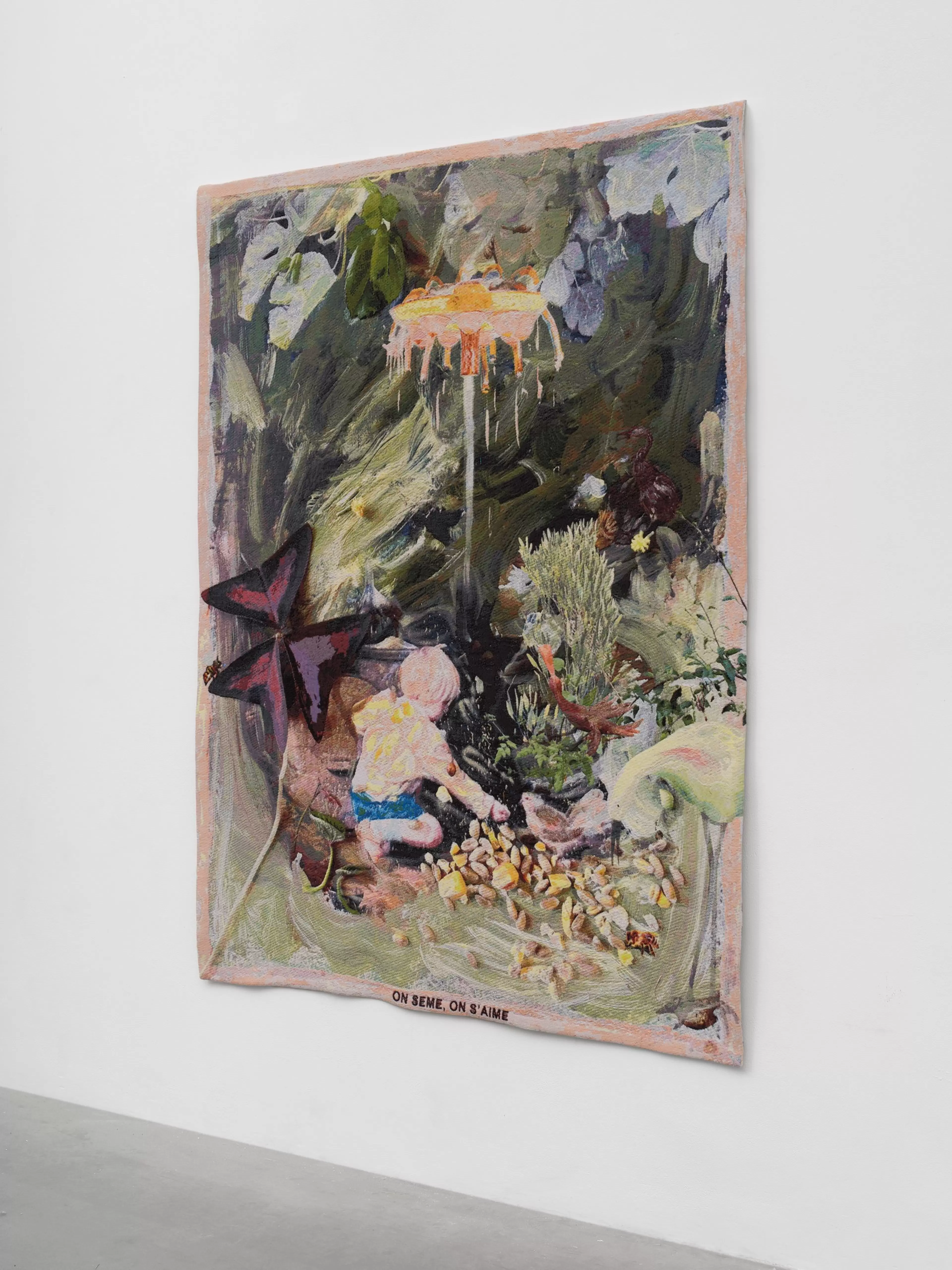 Laure Prouvost, On Seme, On S'Aime (2026), tapestry displayed against a white gallery wall.