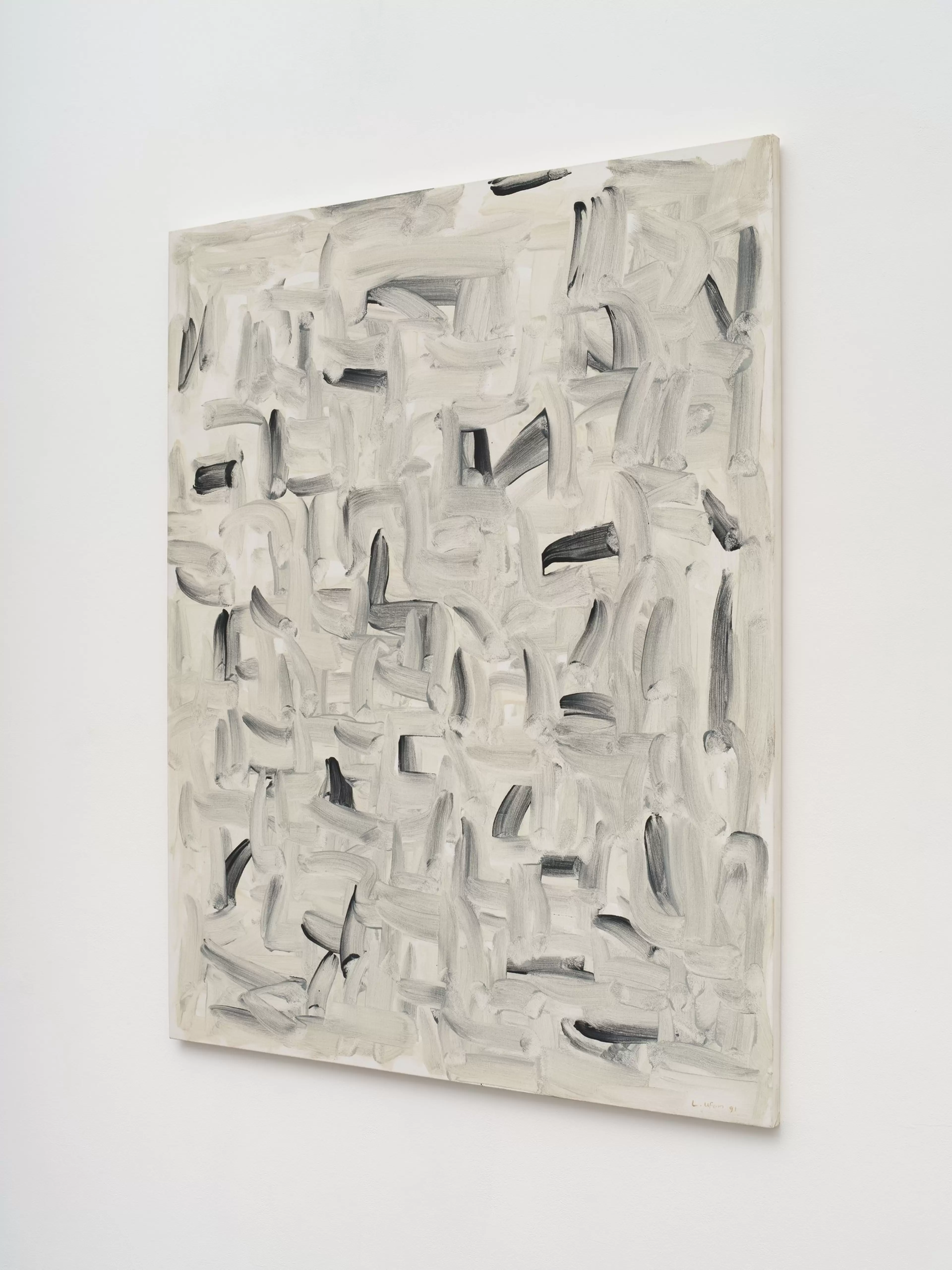 Lee Ufan, With Winds, 1991. Oil on canvas. Painting photographed against a white wall.