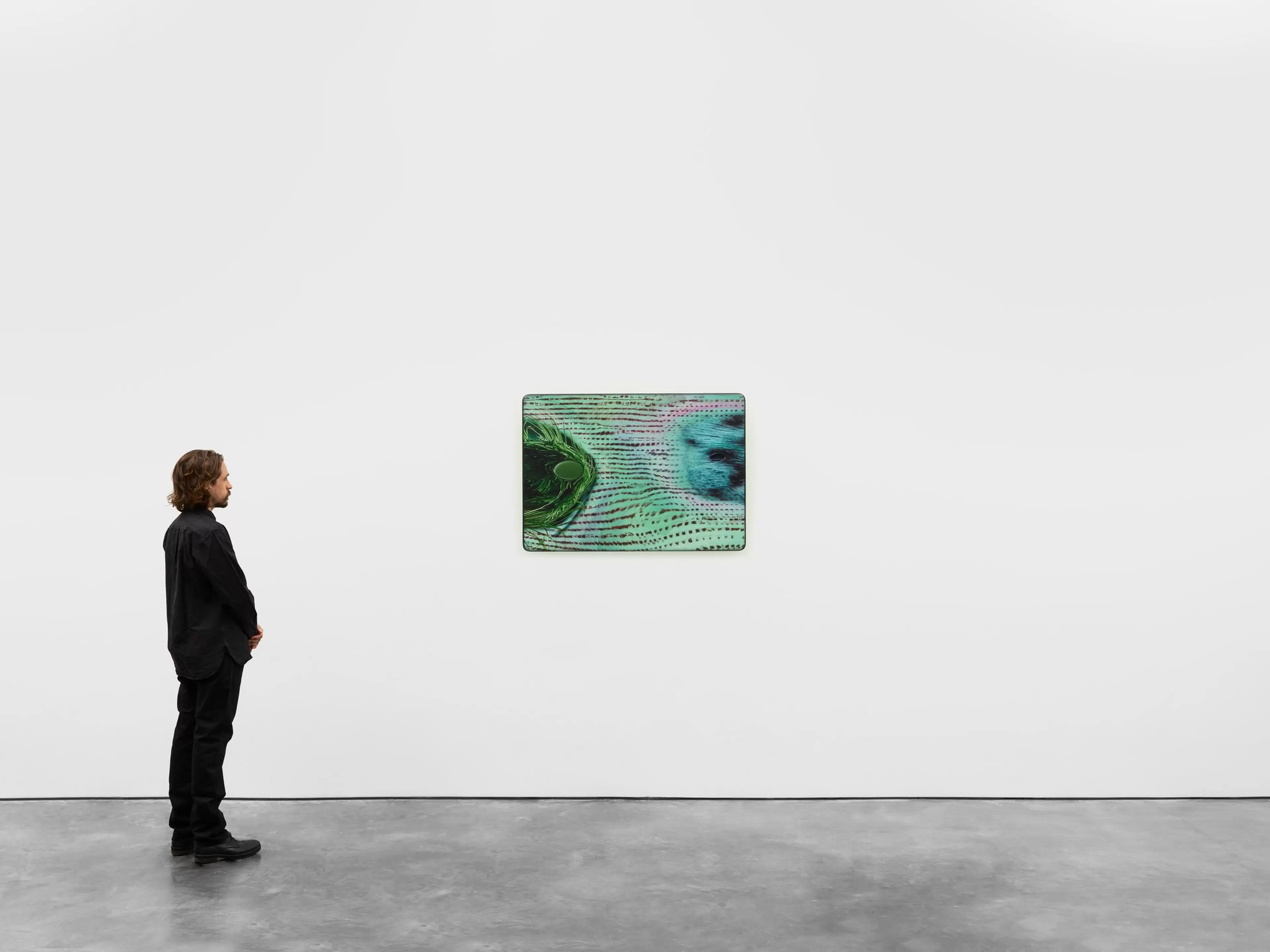 Tishan Hsu, cheetah-grass (2026), mixed-media work combining UV print, silicone, ink, stainless steel, acrylic and urethane on wood.