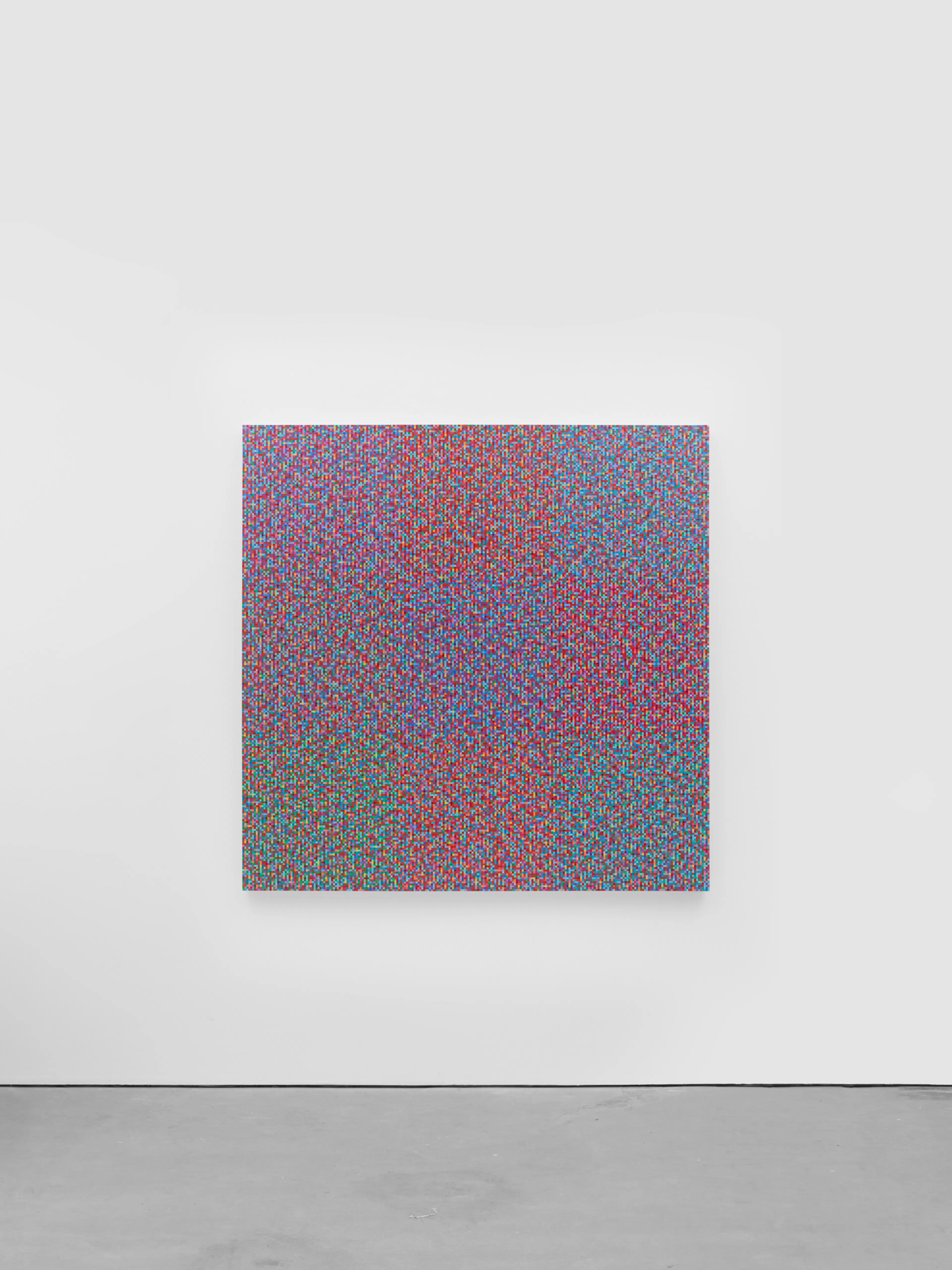 Tony Bechara painting. A densely gridded composition of quarter-inch colored squares in red, purple, and blue, creating a vibrating optical field