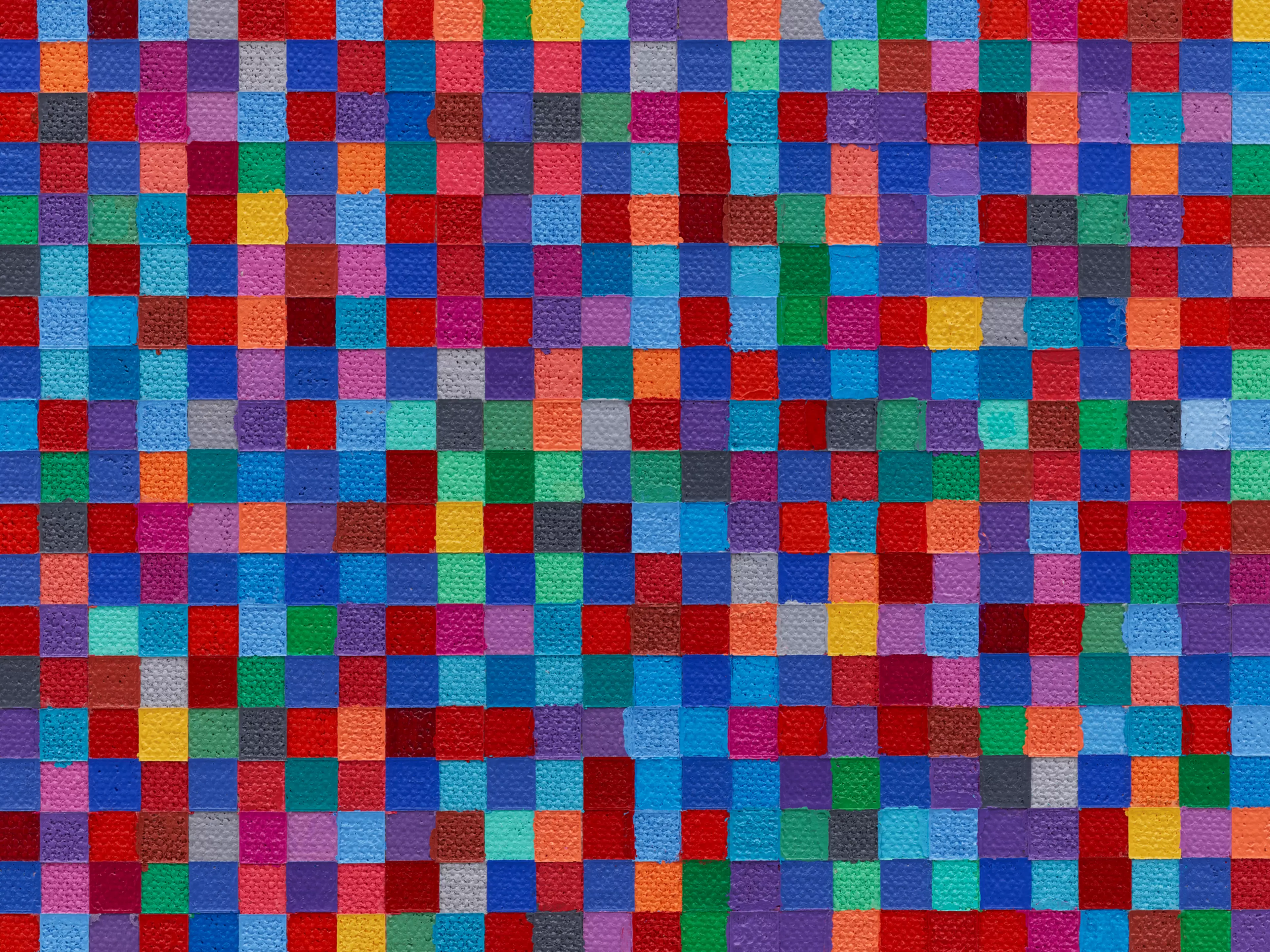 Tony Bechara painting. A densely gridded composition of quarter-inch colored squares in red, purple, and blue, creating a vibrating optical field