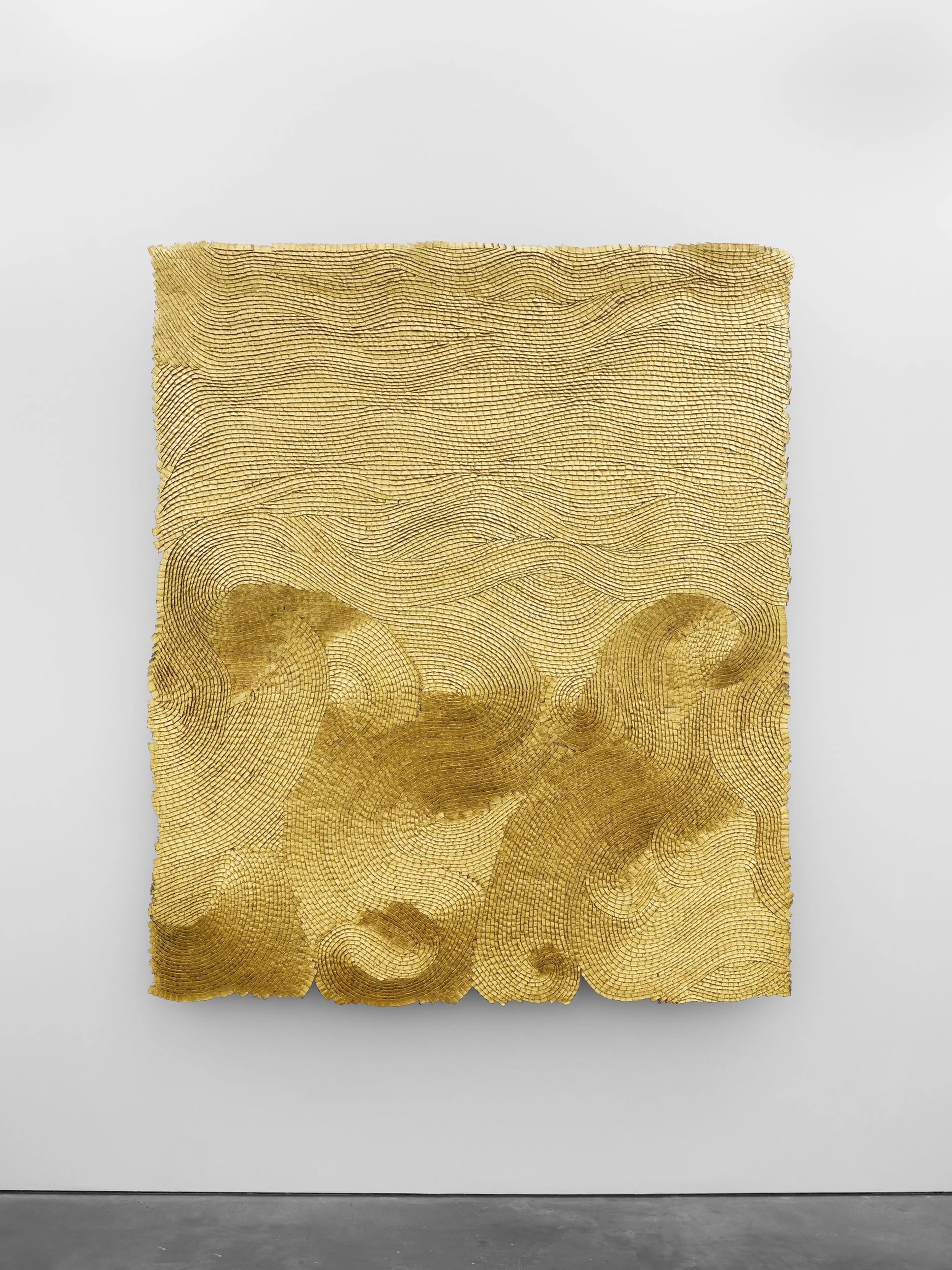 Olga de Amaral, Entre ríos 7, 2012. Linen, gesso, acrylic and gold leaf. Photographed against a white wall from a distance.
