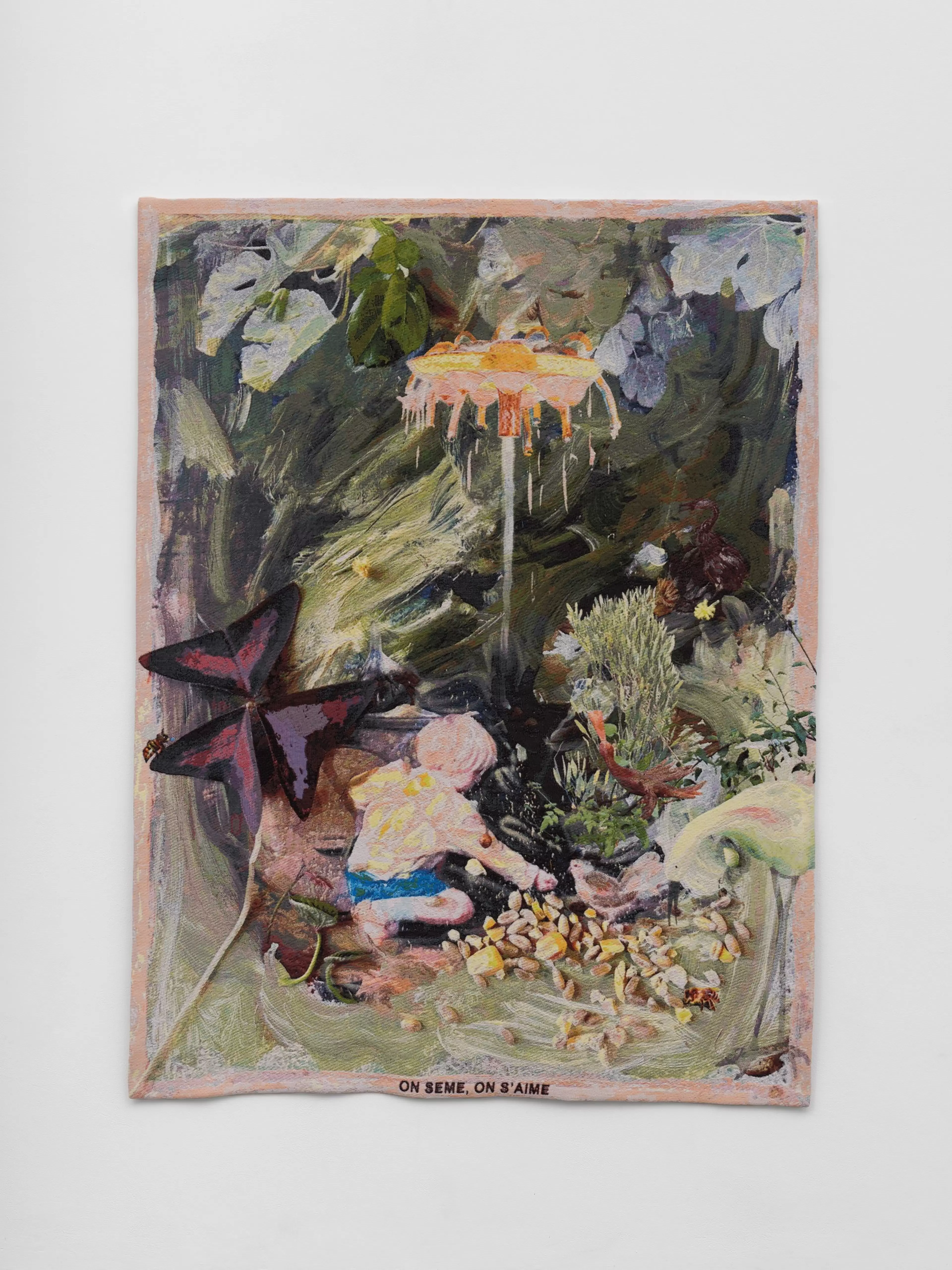 Laure Prouvost, On Seme, On S'Aime (2026), tapestry displayed against a white gallery wall.