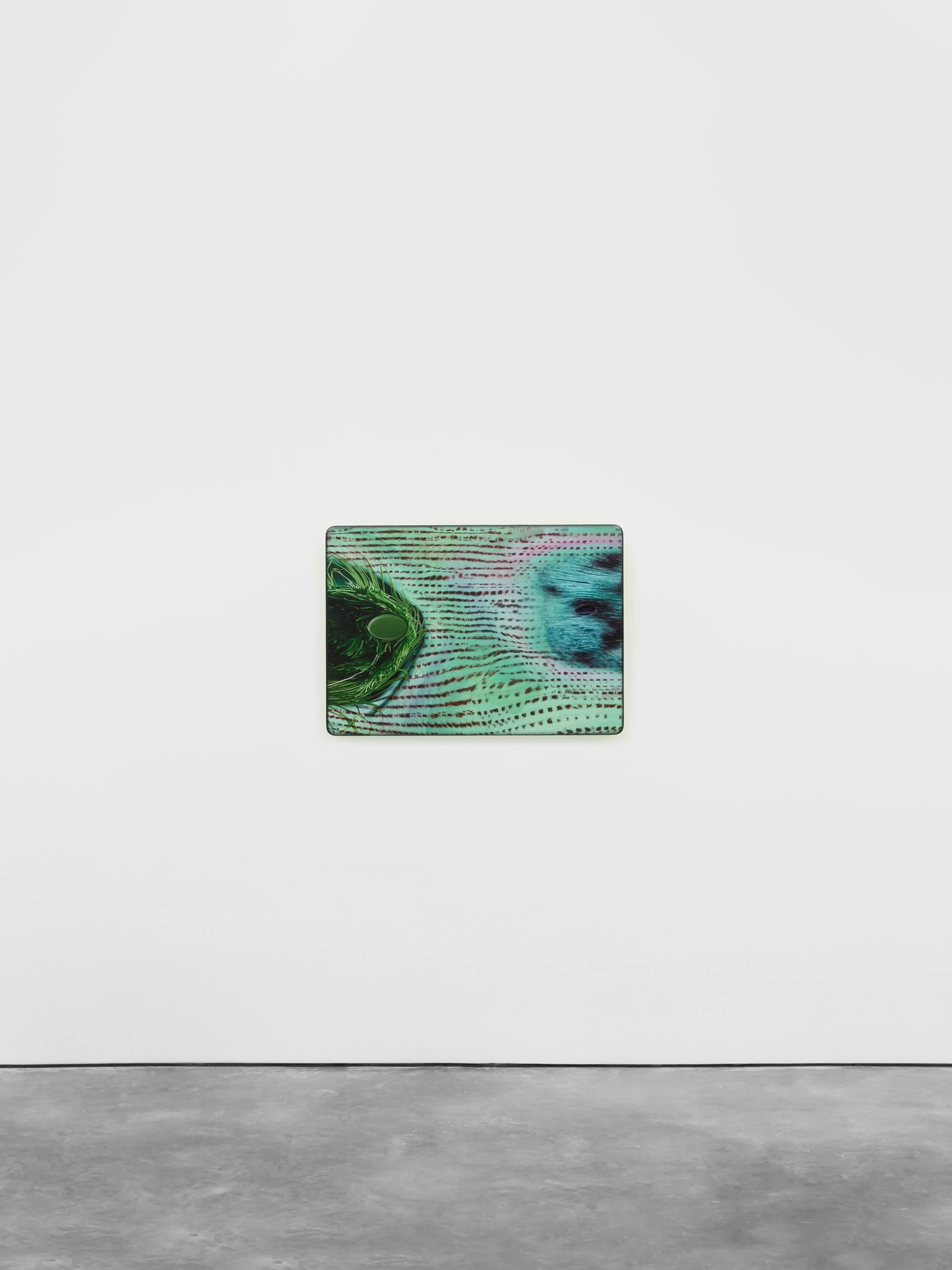 Tishan Hsu, cheetah-grass (2026), mixed-media work combining UV print, silicone, ink, stainless steel, acrylic and urethane on wood.
