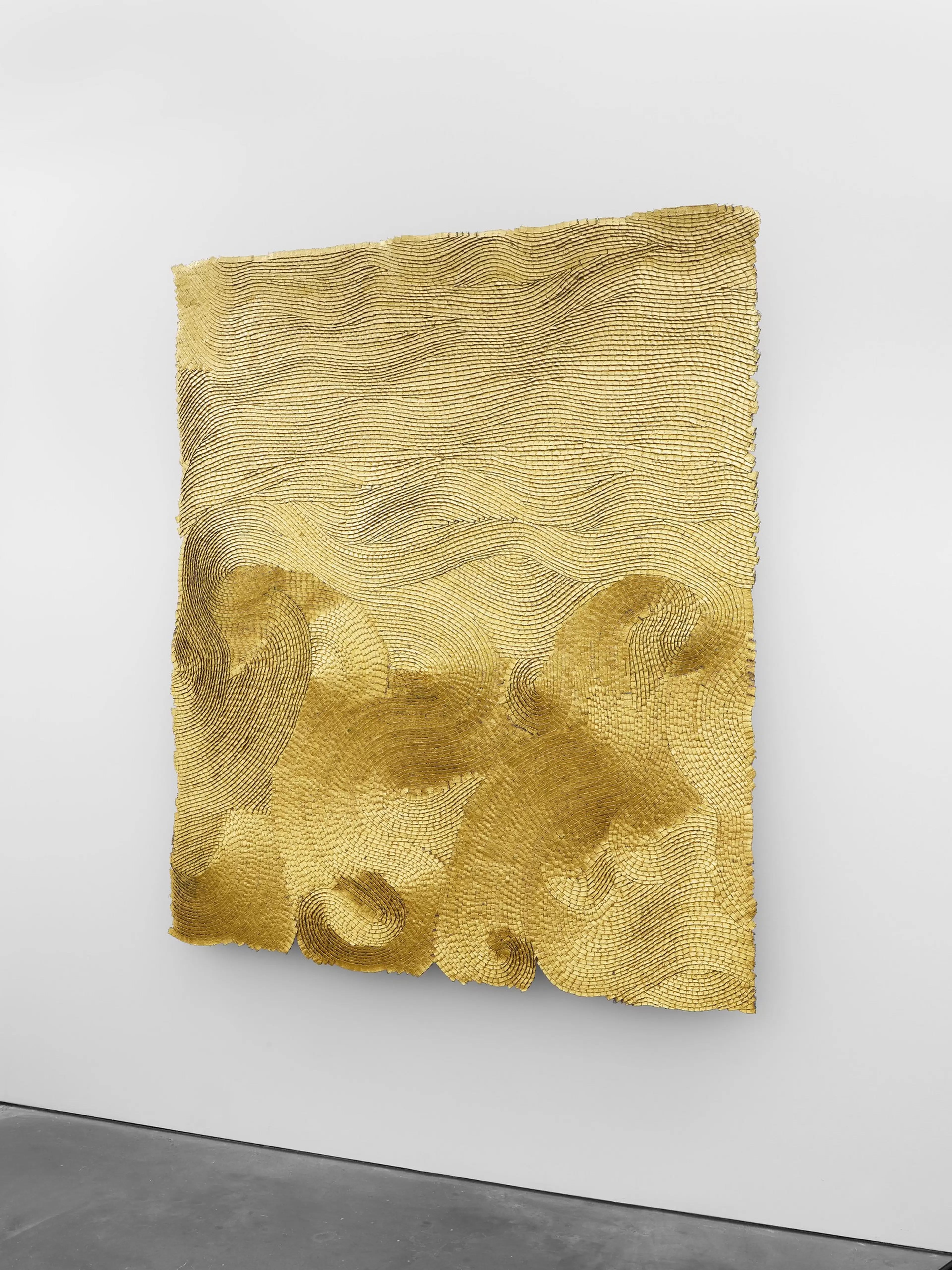 Olga de Amaral, Entre ríos 7, 2012. Linen, gesso, acrylic and gold leaf. Photographed against a white wall.