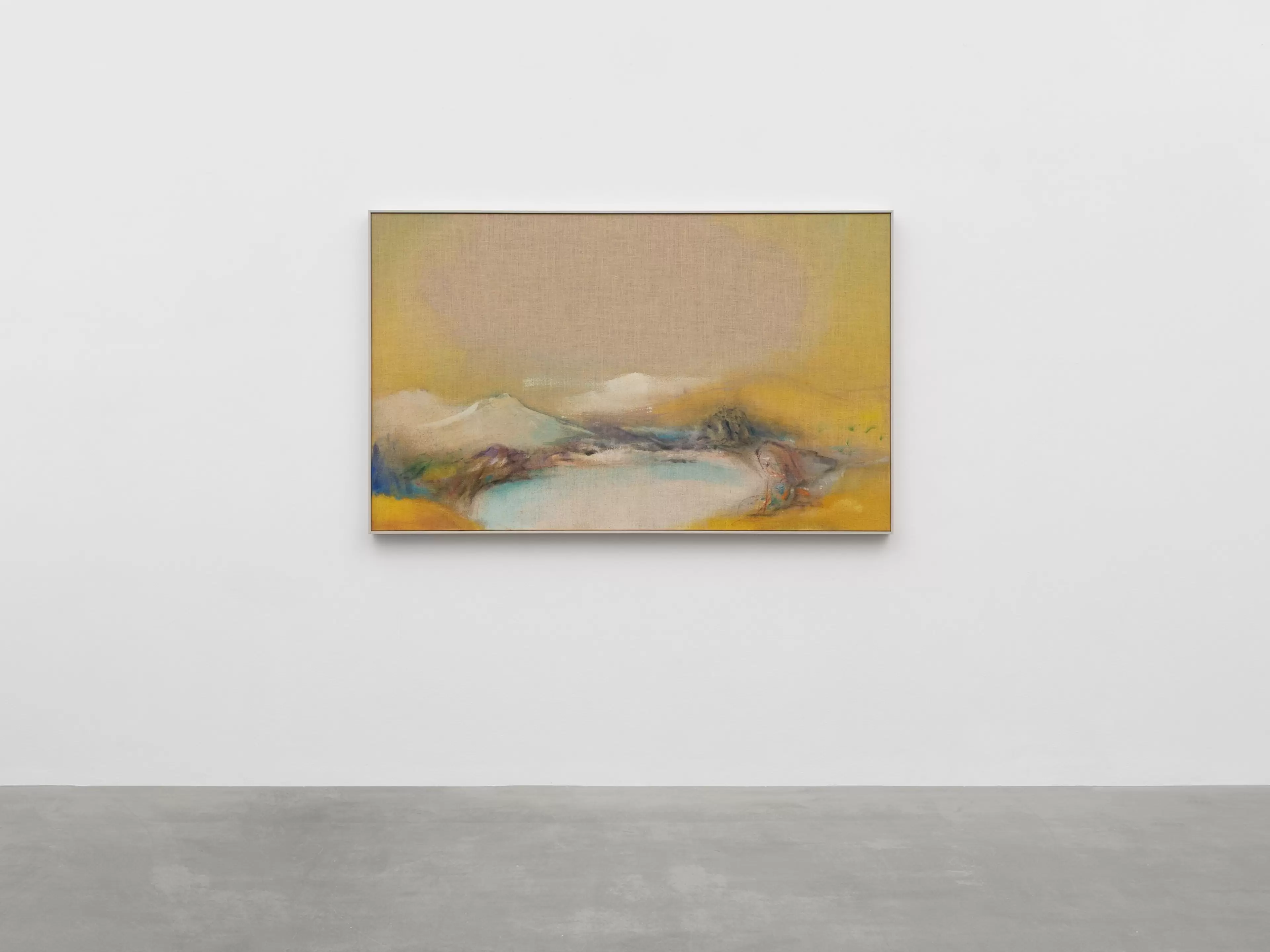 Leiko Ikemura, Yellowscape, 2020, tempera and oil on jute, hazy abstract landscape in warm golden tones